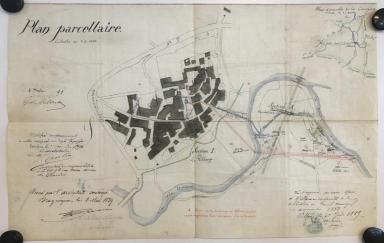 Création d'une nouvelle galerie pour alimenter les futures fontaines à construire dans le village, dont la borne-fontaine. Plan parcellaire échelle 1/1000, Sillans-la Cascade, 1889 @Création d'une nouvelle galerie pour alimenter les futures fontaines à construire dans le village, dont la borne-fontaine. Plan parcellaire échelle 1/1000, Sillans-la Cascade, 1889