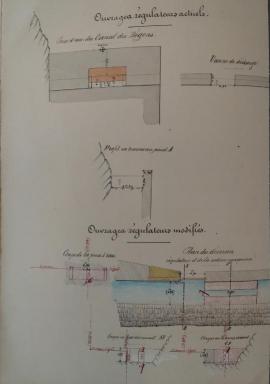 Coupes et plan des ouvrages régulateurs modifiés. Profils en long et en travers du canal d’irrigation des Bégons dressés par l'ingénieur ordinaire Hoslin, Sillans-la-Cascade, 1867