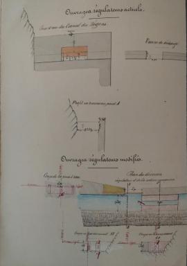 Coupes et plan des ouvrages rgulateurs modifis. Profils en long et en travers du canal dirrigation des Bgons dresss par l'ingnieur ordinaire Hoslin, Sillans-la-Cascade, 1867