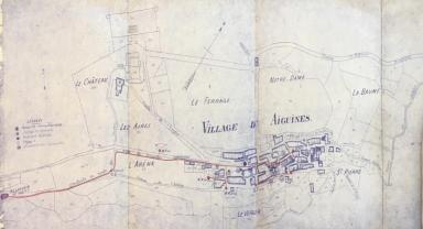 Distribution des eaux de la source des Mines. Plan de la conduite de distribution dress et modifi par lingnieur ordinaire Vidal, Aiguines, 1932 @Distribution des eaux de la source des Mines. Plan de la conduite de distribution dress et modifi par lingnieur ordinaire Vidal, Aiguines, 1932