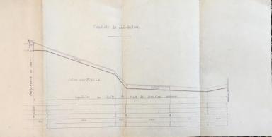 Distribution des eaux de la source des Mines. Profil en long de la conduite de distribution dress et modifi par lingnieur ordinaire Vidal, Aiguines, 1932@Distribution des eaux de la source des Mines. Profil en long de la conduite de distribution dress et modifi par lingnieur ordinaire Vidal, Aiguines, 1932