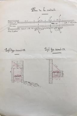 Distribution des eaux de la source des Mines. Plan de la conduite d’adduction dressé et modifié par l’ingénieur ordinaire Vidal, Aiguines, 1932