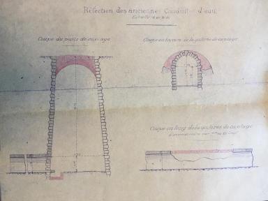 Distribution des eaux de la source des Mines. Coupes des anciennes conduites de la galerie maçonnée dressées et modifiées par l’ingénieur ordinaire Vidal, Aiguines, 1932