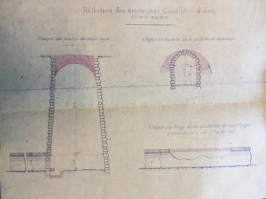 Distribution des eaux de la source des Mines. Coupes des anciennes conduites de la galerie maonne dresses et modifies par lingnieur ordinaire Vidal, Aiguines, 1932