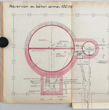 Projet d'adduction d'eau potable. Plan du rservoir en bton arm 100 m, Saint-Julien, 1937