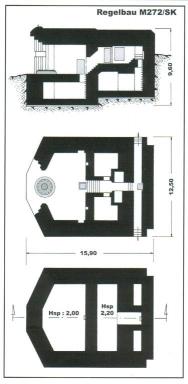 plans et coupe d'une casemate M272 de la batterie Vogelberg, relevé et dessin de J. Laurent (2008)