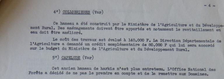 Information sur les hameaux de forestage de Harkis de Collobrires, 1973.@Compte-rendu de la runion ministrielle concernant les hameaux de forestage de Collobrires, 5 avril 1973.