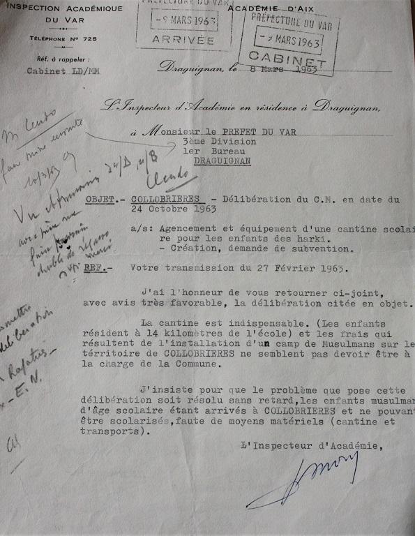 Lettre de l'inspection acadmique concernant le scolarit des enfants de Harkis, mars 1963.