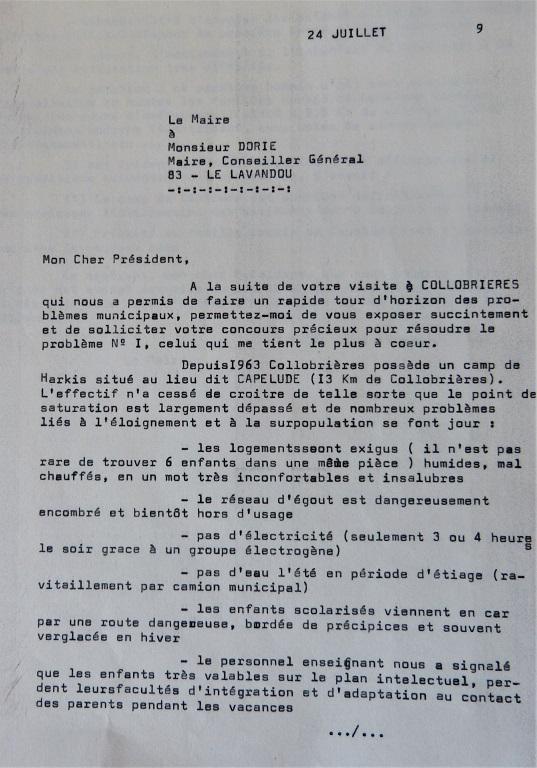 Lettre du Maire de Collobrires au Maire du Lavandou et conseiller gnral Dorie, septembre 1969.