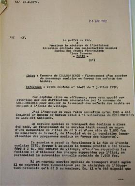 Financement d'un service de ramassage scolaire au hameau de forestage, 1973.@Financement d'un ramassage scolaire pour les enfants de Harkis, août 1972.