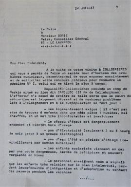 Lettre du Maire de Collobrières au Maire du Lavandou et conseiller général Dorie, septembre 1969.