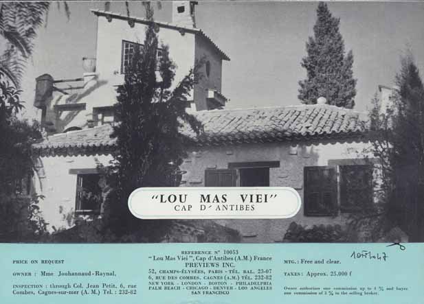 "Lou mas vie". Cap d'Antibes. [Elvation sud]. Vers 1970.