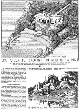 [Villa de sportifs  Antibes. Vue en perspective arienne et vue perspective depuis la mer.] 1937.