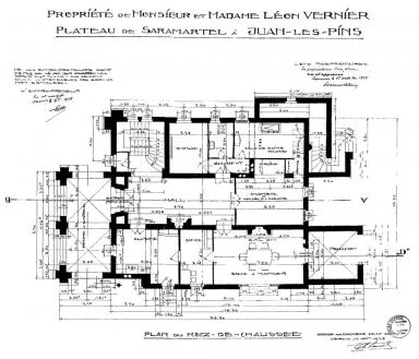 Proprit de Monsieur et Madame Lon Vernier. Plateau de Saramartel  Juan-les-Pins. Plan du rez-de-chausse. [Villa La Madona] 1928.