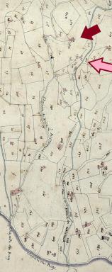 Plan cadastral de la commune de Nice, 1812. Dtail de la section R "Gairaut". Le sud est en bas. La flche rouge identifie la maison, la flche rose les moulins le long du ruisseau de Gairaut (lieu-dit "Fontaines de Mouraille").  