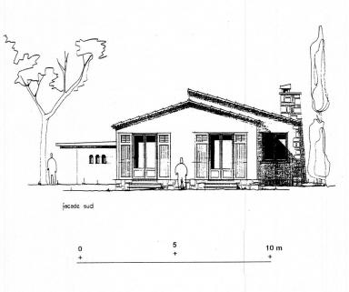 [Projet de villa A la Claire Fontaine au Cap d'Antibes. Plan, coupe ouest-est, faades est, ouest, sud et nord.] 1956. Dtail : faade sud.