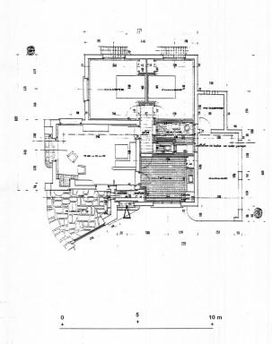 [Projet de villa A la Claire Fontaine au Cap d'Antibes. Plan, coupe ouest-est, faades est, ouest, sud et nord.] 1956. Dtail : plan.