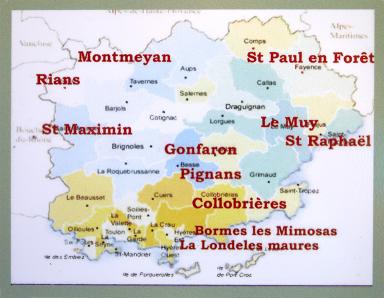 Dtail du texte du panneau explicatif : carte localisant les hameaux de forestage du Var.
