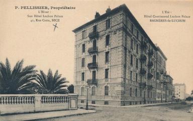 P. Pellissier, propritaire, L'hiver : Sun Luchon Palace, 41 rue Cotta Nice, [circa 1910]. On remarque un dcor sous toiture.
