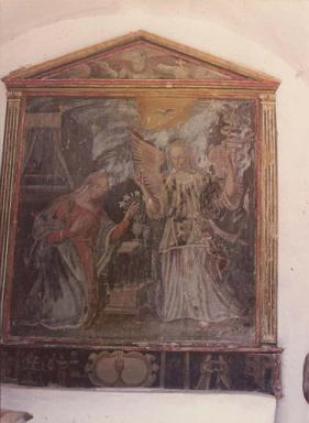 Retable, tableau : 'L'Annonciation', prdelle peinte des scnes de la Visitation et de l'Adoration des mages, 1604.