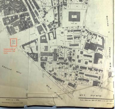 [Plan de la ville d'Orange (extrait).] Centre ville, Section U, feuille unique, ch. 1/1250e : refaite pour 1954,  jour pour 1975.