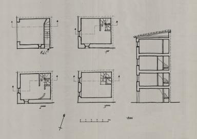 [Plans du rez-de-chausse, des 1er, 2e et 3e tages. Coupe]