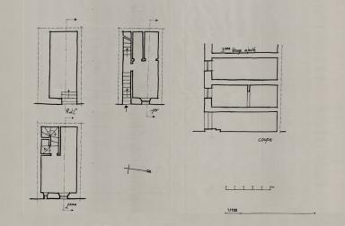 [Plans du rez-de-chausse et des 1er et 2e tages]. Coupe,