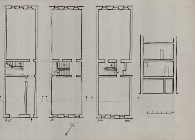 [Plans du rez-de-chausse, des 1er et 2e tages. Coupe]