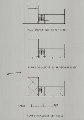 Plans schématiques des caves, du rez-de-chaussée et du 1er étage.