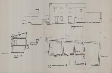 Façade antérieure. Plan du rez-de-chaussée. Coupe AB.