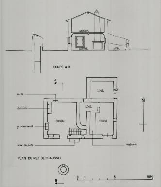 Plan du rez-de-chaussée et coupe AB.
