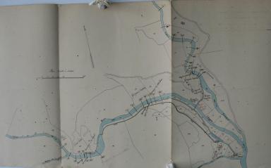 [Plan du projet de dviation des eaux du canal de Pennafort pour la scierie Guigues et localisation des barrages], 04 juillet 1861.