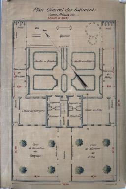 Plan gnral des btiments [dlimitation du groupe scolaire, les cours de rcration et le btiment principal], [vue 2/7], 1883.