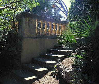 L'escalier descendant le long du parterre des succulentes. Vue de volume.