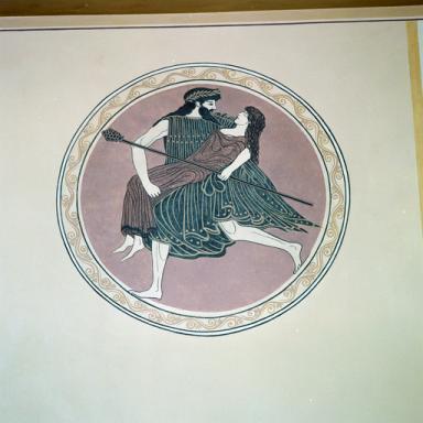 Mdaillon peint situ dans le prolongement de la frise, au-dessus du manteau de la chemine, dans l'ancienne bibliothque (aprs restauration).