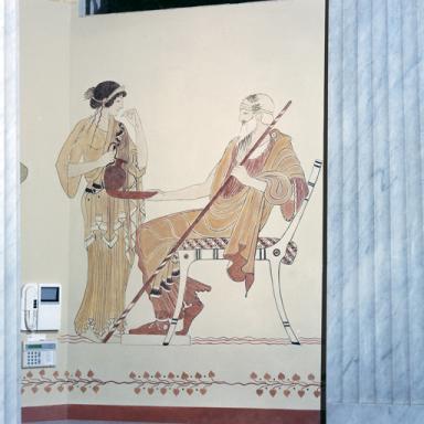 Panneau peint situ  l'ouest de la porte d'entre, dans l'ancien vestibule (aprs restauration).
