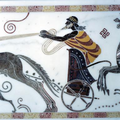 Détail de la partie centrale du linteau de la cheminée dans l'ancienne bibliothèque.