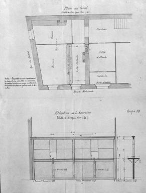 [Projet d'amnagement du bureau de poste au rez-de-chausse : plan et lvation.]