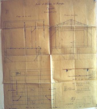 Ancien théâtre, plan et coupe de la scène, élévation d'une ferme..