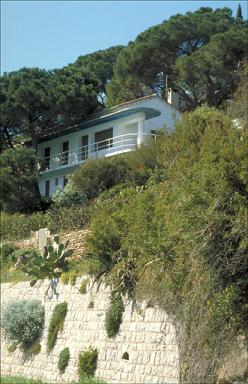 Maison. Vue perspective de la façade sud, depuis l'avenue.