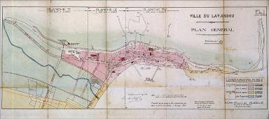 Ville du Lavandou. Plan d'aménagement et d'embellissement du village par les architectes Roux et Lafont, à Bormes. 1927. Dressé par l'ingénieur E. Fournier. 1927. Polychrome. 91,5 x 35 cms..