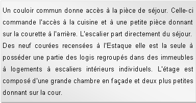 Zone de Texte: Un couloir commun donne accs  la pice de sjour. Celle-ci commande l'accs  la cuisine et  une petite pice donnant sur la courette  l'arrire. L'escalier part directement du sjour. Des neuf coures recenses  l'Estaque elle est la seule  possder une partie des logis regroups dans des immeubles  logements  escaliers intrieurs individuels. L'tage est compos dune grande chambre en faade et deux plus petites donnant sur la cour. 