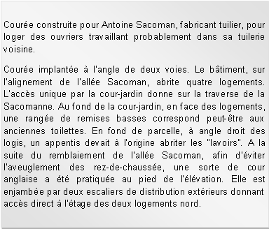 Zone de Texte: Coure construite pour Antoine Sacoman, fabricant tuilier, pour loger des ouvriers travaillant probablement dans sa tuilerie voisine. Coure implante  l'angle de deux voies. Le btiment, sur l'alignement de l'alle Sacoman, abrite quatre logements. L'accs unique par la cour-jardin donne sur la traverse de la Sacomanne. Au fond de la cour-jardin, en face des logements, une range de remises basses correspond peut-tre aux anciennes toilettes. En fond de parcelle,  angle droit des logis, un appentis devait  l'origine abriter les "lavoirs". A la suite du remblaiement de l'alle Sacoman, afin d'viter l'aveuglement des rez-de-chausse, une sorte de cour anglaise a t pratique au pied de l'lvation. Elle est enjambe par deux escaliers de distribution extrieurs donnant accs direct  l'tage des deux logements nord. 
