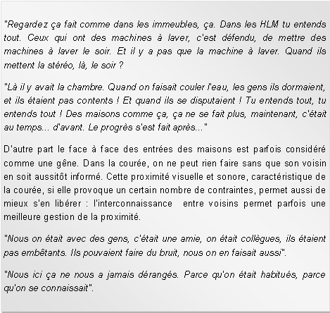 Zone de Texte: "Regardez a fait comme dans les immeubles, a. Dans les HLM tu entends tout. Ceux qui ont des machines  laver, c'est dfendu, de mettre des machines  laver le soir. Et il y a pas que la machine  laver. Quand ils mettent la stro, l, le soir ?"L il y avait la chambre. Quand on faisait couler l'eau, les gens ils dormaient, et ils taient pas contents ! Et quand ils se disputaient ! Tu entends tout, tu entends tout ! Des maisons comme a, a ne se fait plus, maintenant, c'tait au temps... d'avant. Le progrs s'est fait aprs..."D'autre part le face  face des entres des maisons est parfois considr comme une gne. Dans la coure, on ne peut rien faire sans que son voisin en soit aussitt inform. Cette proximit visuelle et sonore, caractristique de la coure, si elle provoque un certain nombre de contraintes, permet aussi de mieux s'en librer : l'interconnaissance  entre voisins permet parfois une meilleure gestion de la proximit."Nous on tait avec des gens, c'tait une amie, on tait collgues, ils taient pas embtants. Ils pouvaient faire du bruit, nous on en faisait aussi"."Nous ici a ne nous a jamais drangs. Parce qu'on tait habitus, parce qu'on se connaissait".