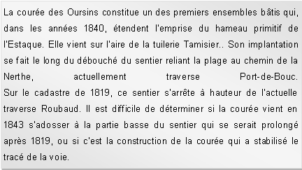 Zone de Texte: La coure des Oursins constitue un des premiers ensembles btis qui, dans les annes 1840, tendent lemprise du hameau primitif de lEstaque. Elle vient sur laire de la tuilerie Tamisier.. Son implantation se fait le long du dbouch du sentier reliant la plage au chemin de la Nerthe, actuellement traverse Port-de-Bouc.
Sur le cadastre de 1819, ce sentier sarrte  hauteur de lactuelle traverse Roubaud. Il est difficile de dterminer si la coure vient en 1843 sadosser  la partie basse du sentier qui se serait prolong aprs 1819, ou si cest la construction de la coure qui a stabilis le trac de la voie. 