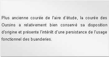 Zone de Texte: Plus ancienne coure de l'aire d'tude, la coure des Oursins a relativement bien conserv sa disposition d'origine et prsente l'intrt d'une persistance de l'usage fonctionnel des buanderies. 