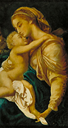 Vierge à l'Enfant. Peinture sur verre, XIXe siècle, par P. Millet (signé), d'après Pompeo Batoni.