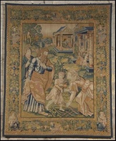 Vue d'ensemble de la tapisserie : Rencontre du prophte Elie et de la veuve de Sarepta.
Im. : 20080402304NUC2A
